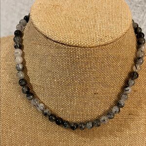 Black and Gray Rutilated Tourmalined Quartz Beaded Necklace Sterling Clasp